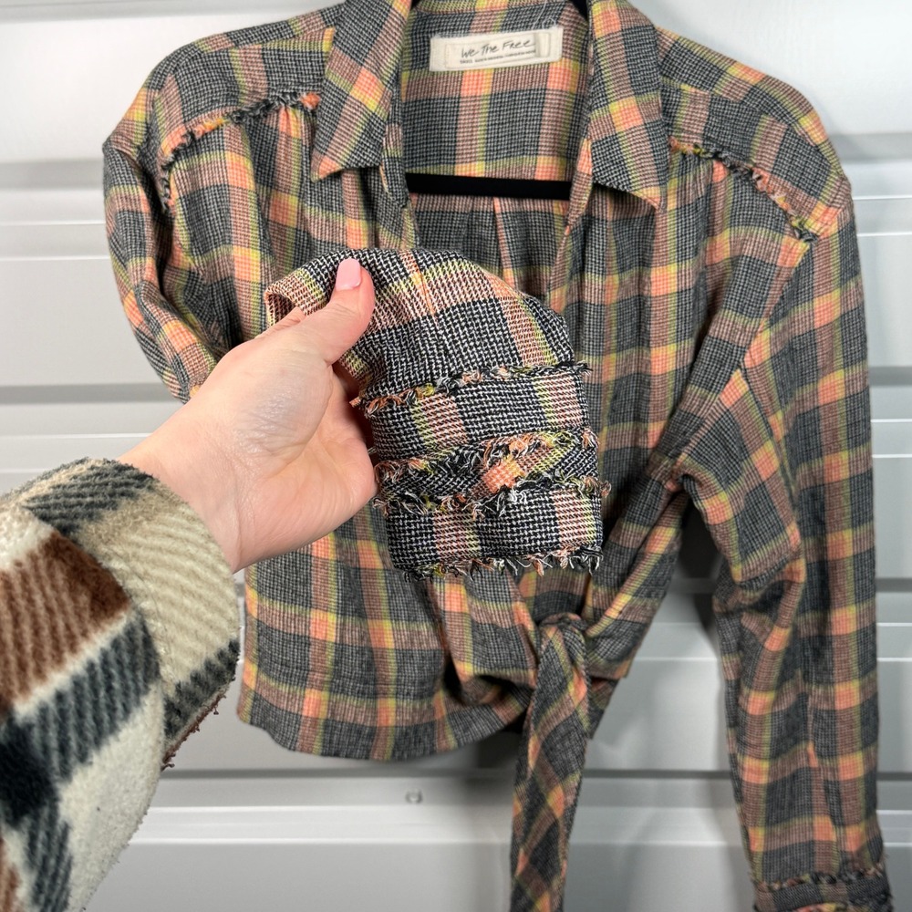 We The Free People Plaid Wrap Tie Front Top Orange Black‎ Small Raw Hem Fringe - Picture 3 of 4